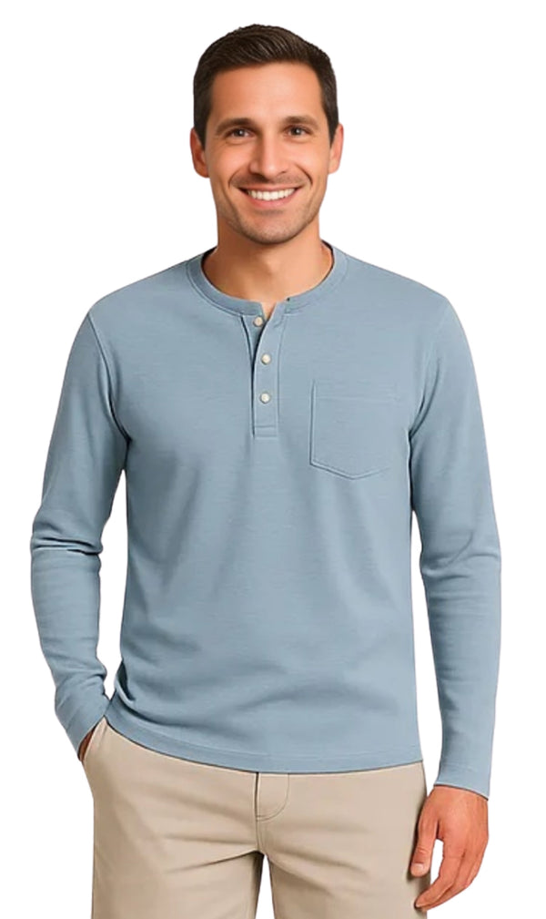 Men’s Long Sleeve Cotton Blend Henley Shirt – 3-Button Placket