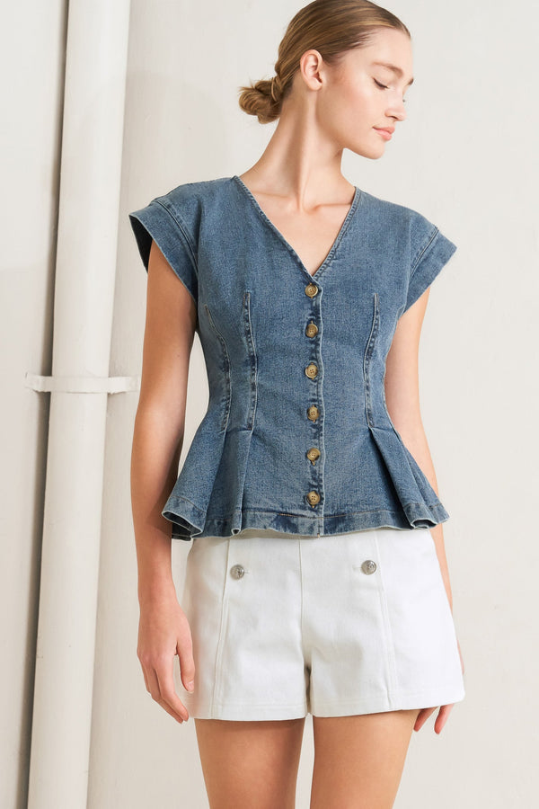 NO SECOND THOUGHT WASHED DENIM TOP